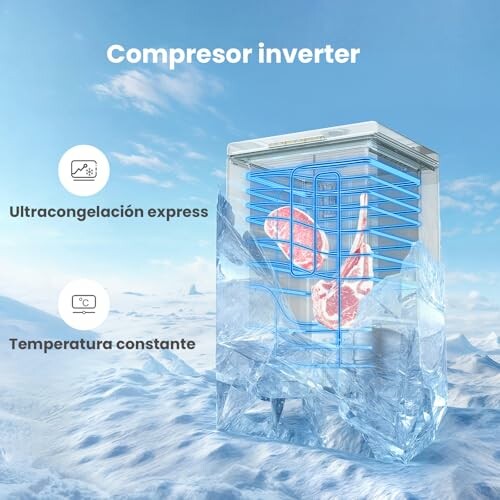 Congelador con compresor inverter en un paisaje helado.