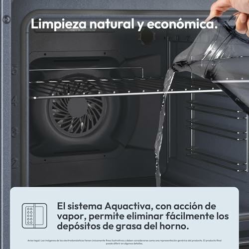 Persona vertiendo agua en un horno para limpieza automática.