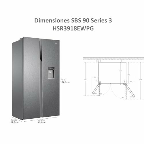 Refrigerador con dispensador de agua y dimensiones especificadas.