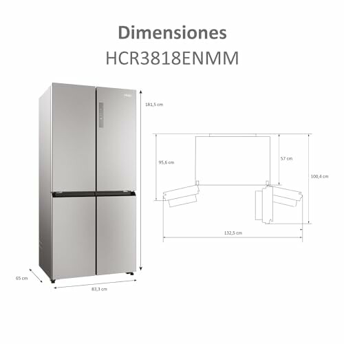 Dimensiones del refrigerador HCR3818ENMM con puertas abiertas y cerradas.