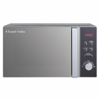 Microondas Russell Hobbs de acero inoxidable con controles digitales.