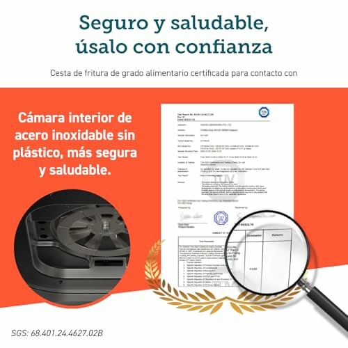 Certificado de seguridad y salud con detalles de cámara de acero inoxidable.